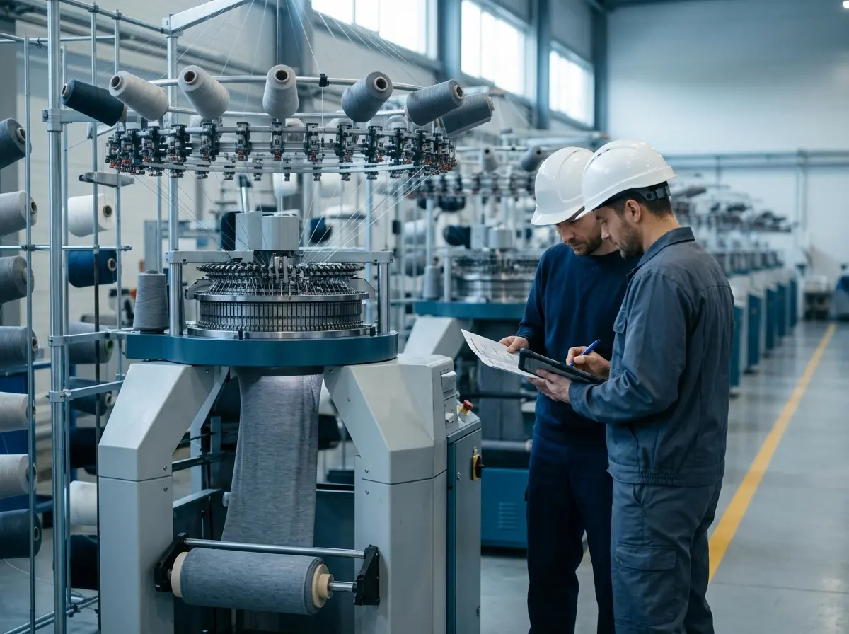 Sobre a CWTE: equipe técnica avaliando riscos em máquina circular de malharia em indústria têxtil